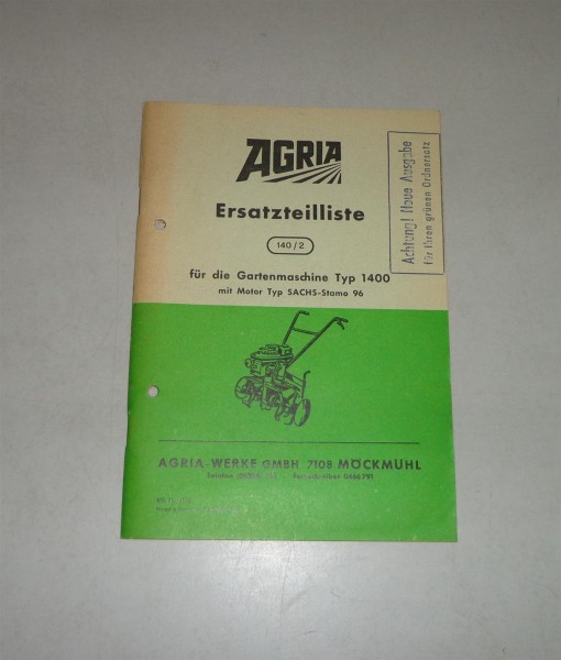 Teilekatalog / Ersatzteilliste Agria Gartenmaschine 1400 - Stand 1971