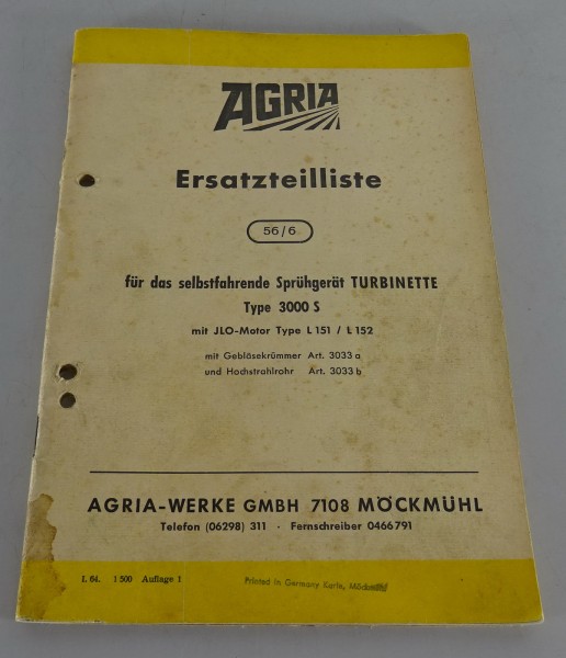 Teilekatalog / Ersatzteilliste Agria Sprühgerät Turbinette Typ 3000 S von 01/64