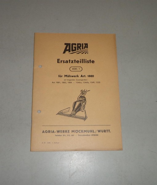 Teilekatalog / Ersatzteilliste Agria Mähwerk Art. 1880 - Stand 1957