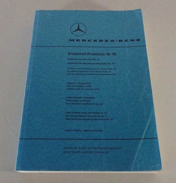 Ersatzteil-Preisliste Nr. 15 Mercedes-Benz PKW Stand 10/1973