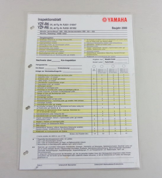 Inspektionsblatt Yamaha YZF-R6 Typ RJ031 / Yzf-R6 Typ RJ 032 Baujahr 2000