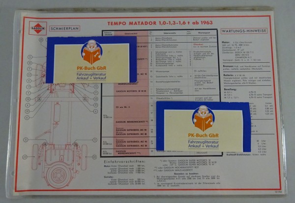 Gasolin Schmierplan für Tempo Matador 1,0-1,3-1,6 t ab Baujahr 1963