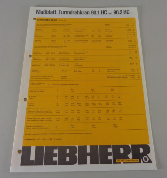 Datenblatt Liebherr Turmdrehkran 90.1 HC u. 90.2 HC von 07/1973