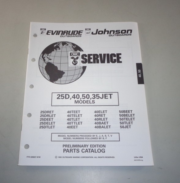 Teilekatalog OMC Johnson Evinrude Außenborder 25D / 40 / 50 / 35JET Models 08/92