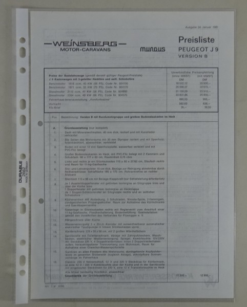 Prospektblatt / Preisliste Peugeot / Weinsberg J9 Mundus Version B Stand 01/1981