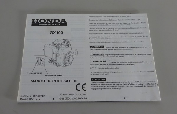 Manuel de L'Utilisateur Honda Moteur GX100 Édition 2001