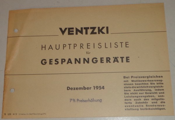 Teilekatalog Ventzki Gespanngeräte Pflüge / Grubber / Eggen Stand 12/1954