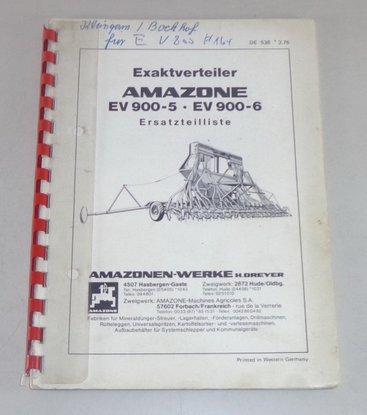 Teilekatalog / Ersatzteilliste Amazone Exaktverteiler EV 900-5 / 900-6 von 1976