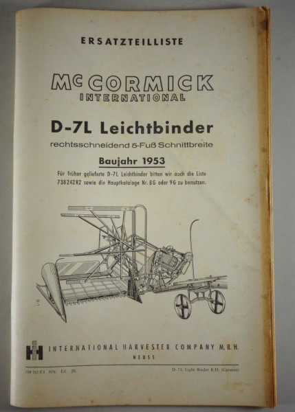 Teilekatalog McCormick International D-7L Leichtbinder Baujahr 1953