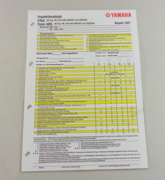 Inspektionsblatt Yamaha FZ6A / Fazer ABS Baujahr 2007
