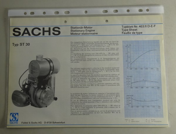 Typenblatt /Technische Daten Sachs Typ ST 30 Stand 11/1974 Blattnr. 403.11 D-E-F