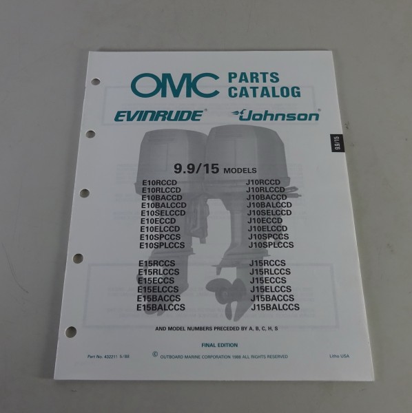Teilekatalog Johnson Evinrude Außenborder / Outboards 9.9 / 15 Models von 5/1988