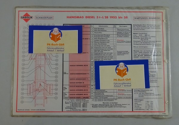 Gasolin Schmierplan für Hanomag Diesel 3 t-L 28 ab Baujahr 1953 Stand 03/1963