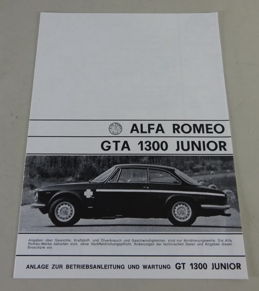 Zusatzanleitung / Anlage zur Betriebsanleitung Alfa Romeo GTA 1300 Junior 1968