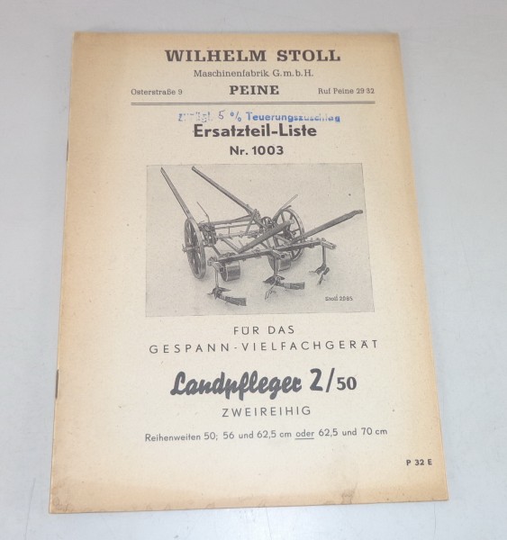 Teilekatalog Wilhelm Stoll Gespann-Vielfachgerät Landpfleger 2/50 Stand 12/1950