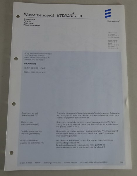 Teilekatalog / Ersatzteilliste Eberspächer Hydronic 10 Stand 11/1998