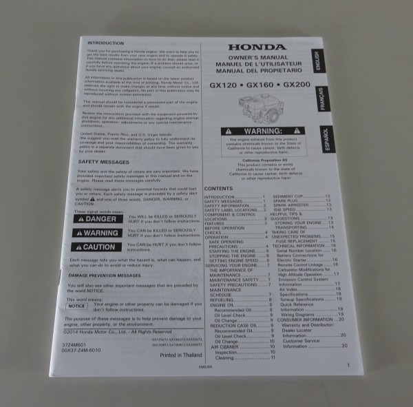 Owner´s Manual / Handbook Honda Engine GX120 / GX160 / GX200 from 2014