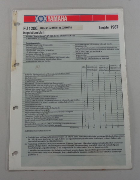 Inspektionsblatt Yamaha FJ 1200 Typ 1XJ Baujahr 1987
