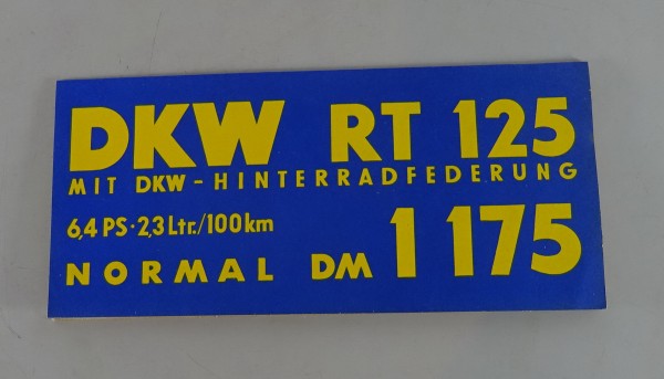 Originales Preisschild / Verkaufsbild DKW RT 125 - 6,4 PS
