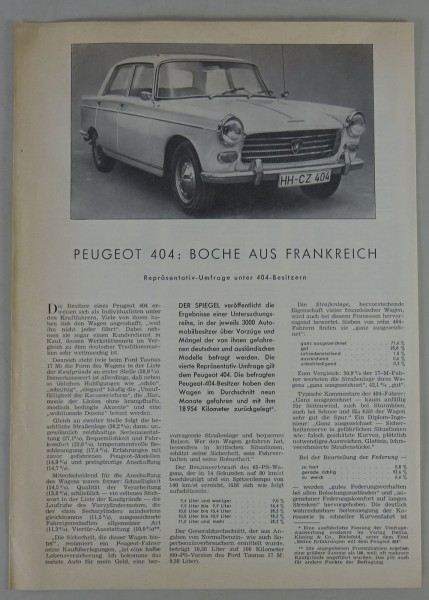 Prospekt Peugeot 404 Umfrage Zeitungsausschnitt Stand 1962