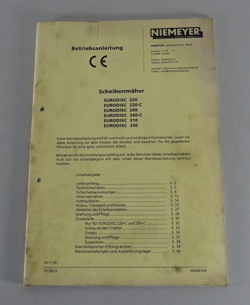 Betriebsanleitung Niemeyer Scheibenmäher Eurodisc 220 260 310 350 von 11/1999