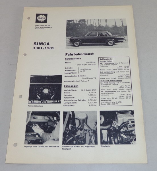 Shell Schmierplan für Simca 1301 / 1501 Stand 02/1967