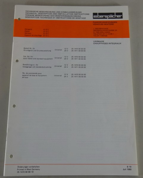 Technische Beschreibung/Einbauanweisung Eberspächer Heizgerät D12L Stand 07/1980