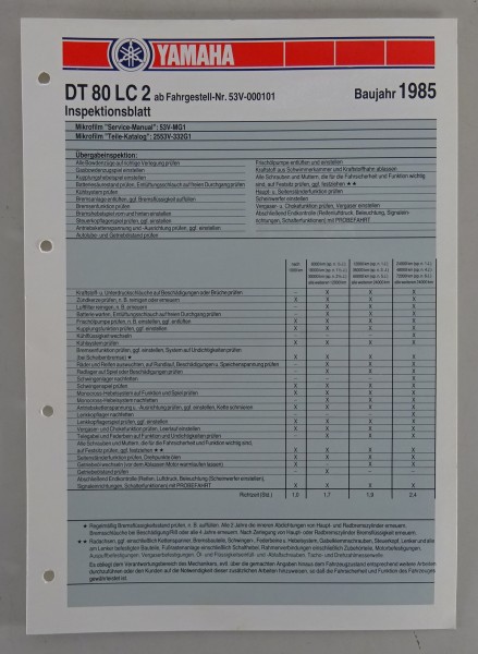 Inspektionsblatt Yamaha DT 80 LC 2 Typ 53V Baujahr 1985