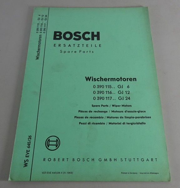 Teilekatalog Bosch Wischermotoren GJ 6 / GJ 12 / GJ 24 Stand 11/1963