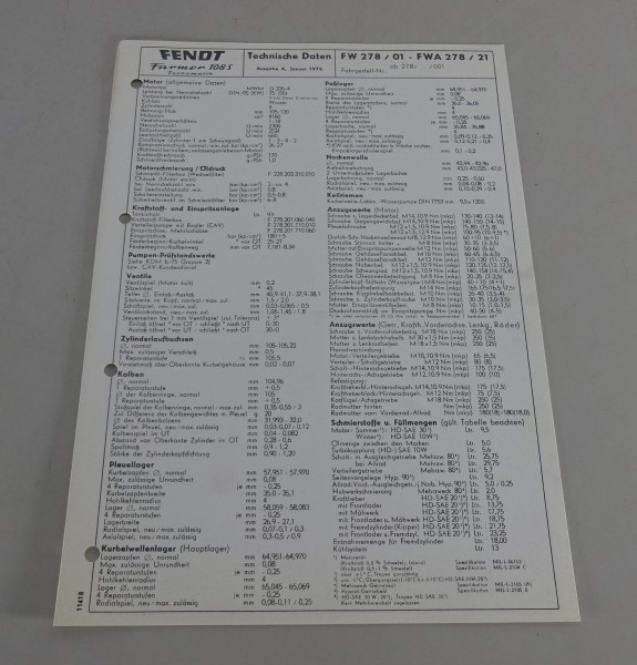 Inspektionsblatt Fendt Farmer 108 S Turbomatik Stand 01/1976