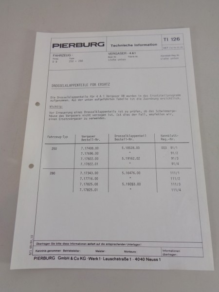 Technische Information Pierburg Vergaser 4A1 für Mercedes W123 / W126 01/1981