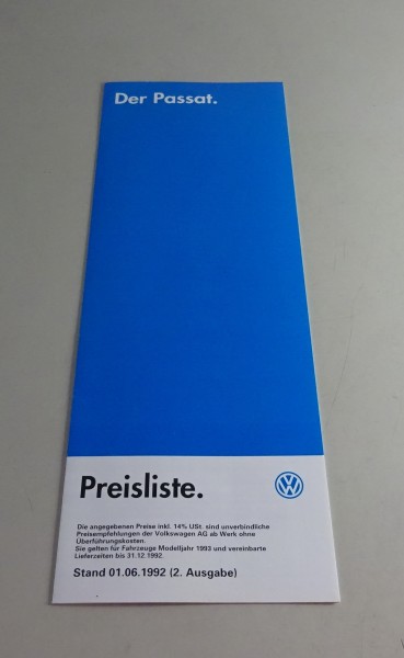 Preisliste Volkswagen Passat B4 | Modelljahr 1992 Stand 06/1992