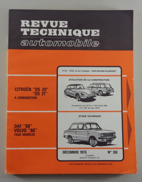 Reparaturanleitung Revue Technique Citroén DS 20 - 21 / DAF 66 / Volvo 66 1975
