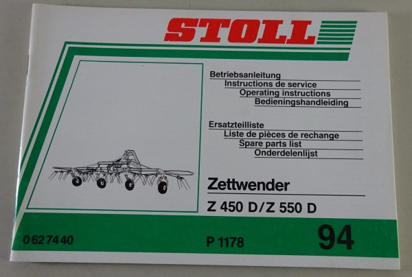 Teilekatalog / Betriebsanleitung Stoll Zettwender Z 450 / 550 D Stand 1994