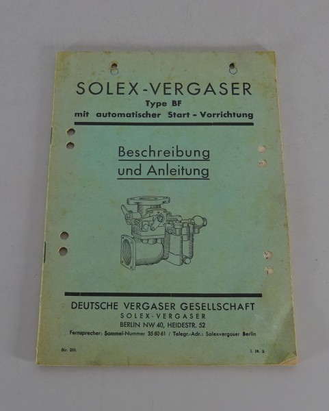 Handbuch Solex Vergaser Typ BF mit automatischer Start-Vorrichtung von 02/1939