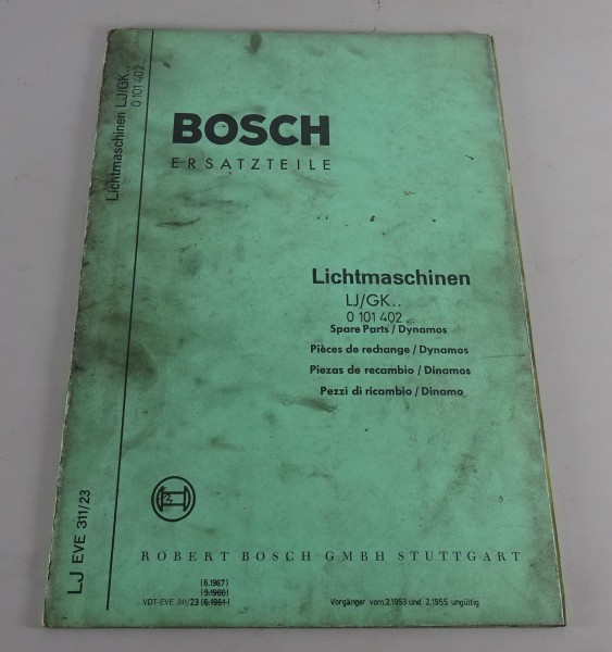 Teilekatalog Bosch Lichtmaschinen LJ/GK.. 0 101 402.. von 06/1967