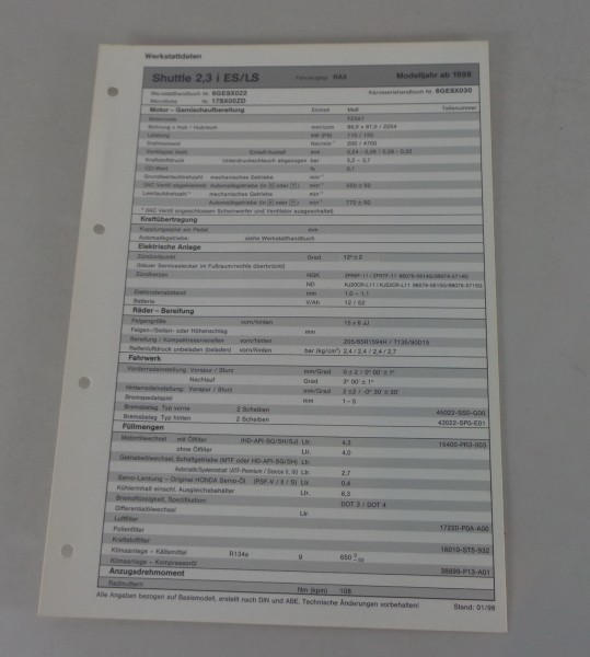 Inspektionsblatt Honda Shuttle 2.3 i ES / LS Typ RA3 Modelljahr ab 1998