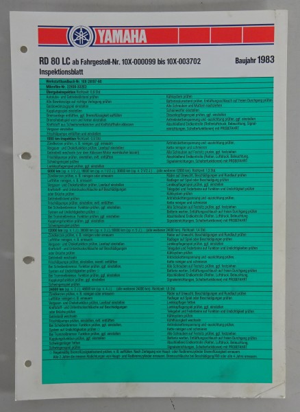 Inspektionsblatt Yamaha RD 80 LC Typ 10X Baujahr 1983