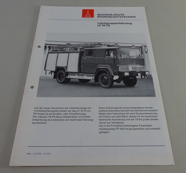 Prospekt Magirus-Deutz LKW Feuerwehr-Löschfahrzeug LF 16 TS Stand 08/1974