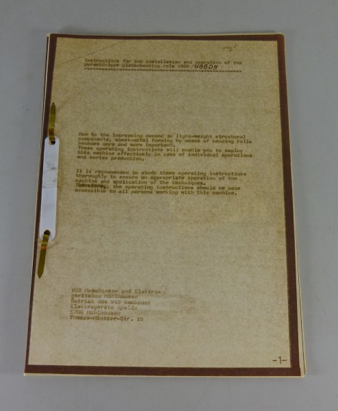 Betriebsanleitung Owner's Manual DDR Export Blechbearbeitungsmaschine UBDDH UBBD