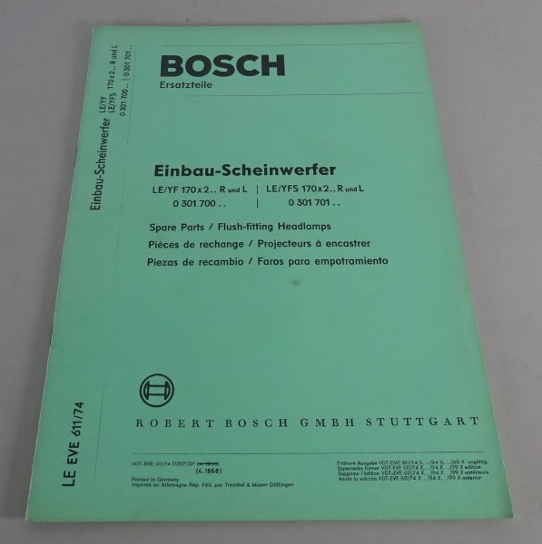 Teilekatalog Bosch Einbau-Scheinwerfer LE/YF 170x2.. R & L Stand 04/1968