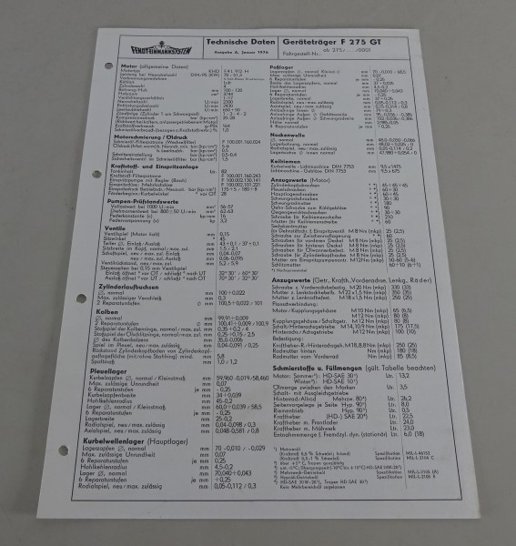 Inspektionsblatt Fendt Geräteträger F 275 GT Stand 01/1976