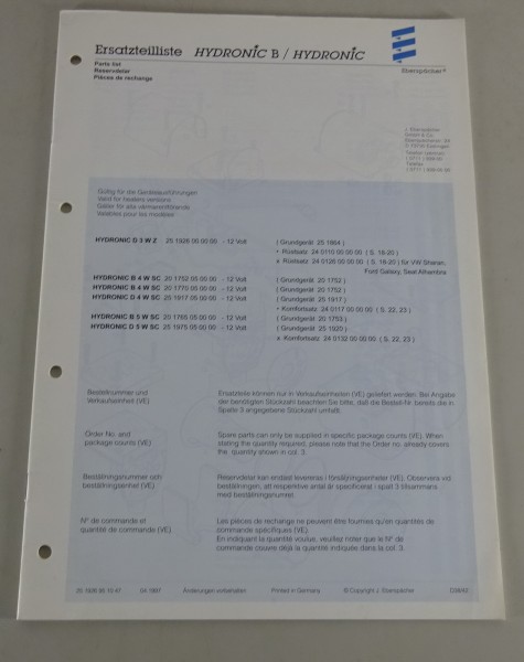 Teilekatalog / Ersatzteilliste Eberspächer Heizgerät Hydronic B / Hydronic