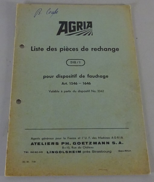 Liste des pièces de rechange | Agria pour dispositif de fauchage | FRA | 11/1956