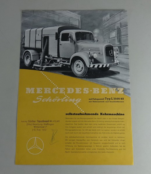 Prospektblatt Mercedes-Benz Schörling Mülllwagen auf L 3500/42 Stand 05/1952