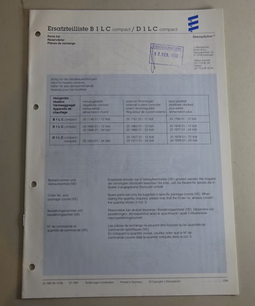 Teilekatalog/Ersatzteilliste Eberspächer Heizgeräte B1LC/D1LC -compact von 11/97