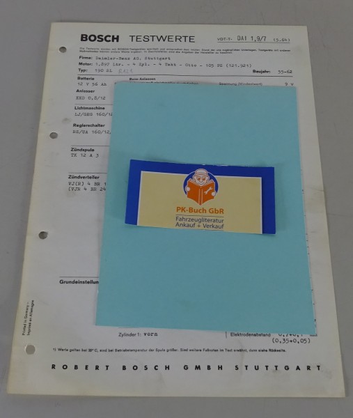 Bosch Testwerte Mercedes-Benz 190 SL R121 Baujahr 1955 - 1962
