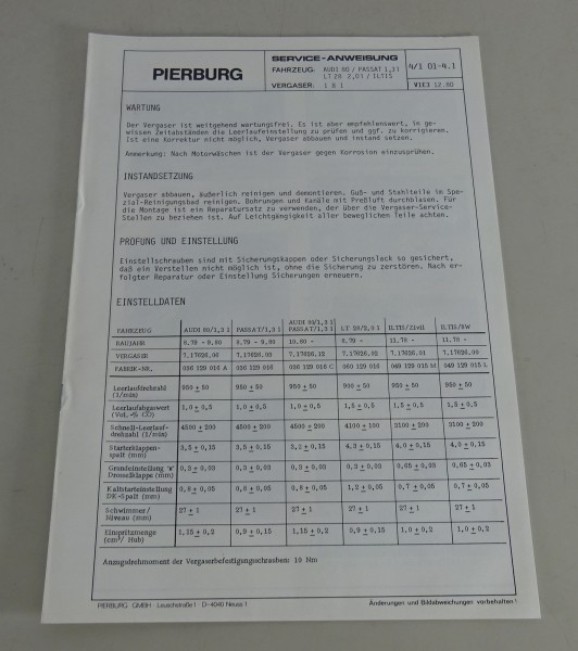 Handbuch Pierburg Vergaser 1B1 in Audi 80/Passat 1,31/LT 28 2,01/Iltis '12/1980