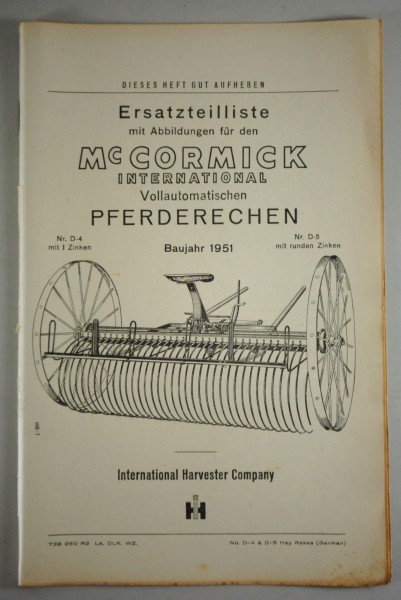 Teilekatalog McCormick International Vollautomatischen Pferderechen Baujahr 1951