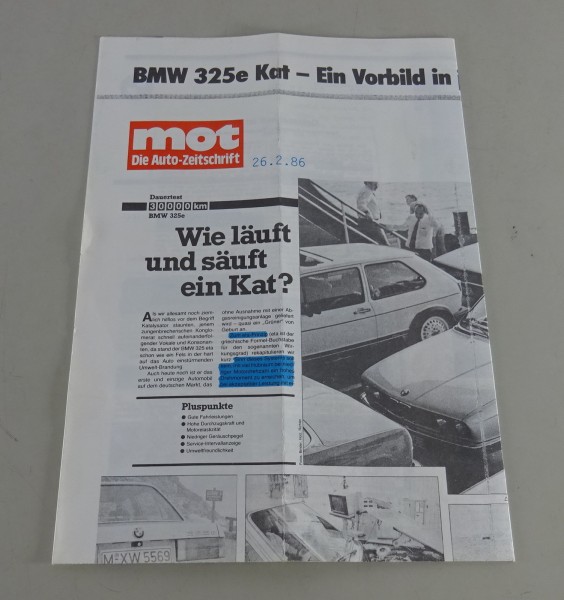 Prospekt / Broschüre mot-Test BMW E30 3er 325e Kat Stand 02/1986